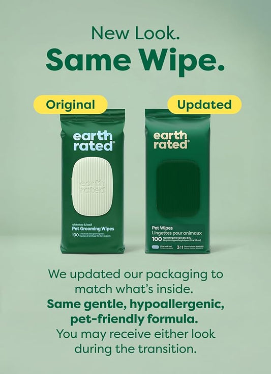 Earth Rated Pet Wipes for Dogs and Cats, Hypoallergenic, 3-in-1 Cleaning, Deodorizing and Hydrating, for Grooming Paws, Body and Butt, New White Tea and Basil Scent, 100 Count