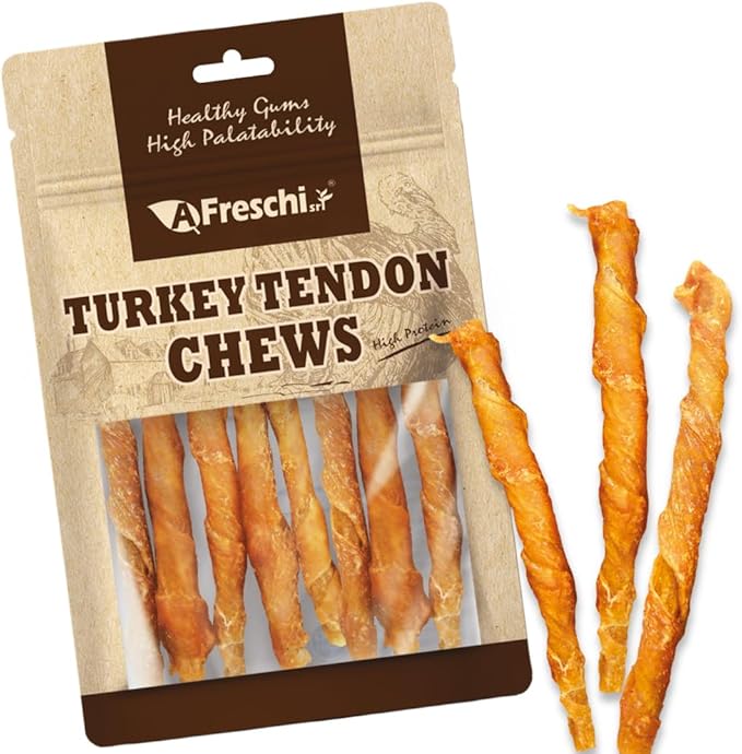 A Freschi srl Turkey Tendons for Dogs, USA-Sourced, Healthy Dog Treats, Rawhide-Free Puppy Chews, All Natural, Hypoallergenic Dog Treats, Turkey Tendon Wrapped Chicken Stick, 3.5 oz Pack
