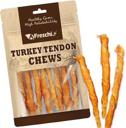 A Freschi srl Turkey Tendons for Dogs, USA-Sourced, Healthy Dog Treats, Rawhide-Free Puppy Chews, All Natural, Hypoallergenic Dog Treats, Turkey Tendon Wrapped Chicken Stick, 3.5 oz Pack