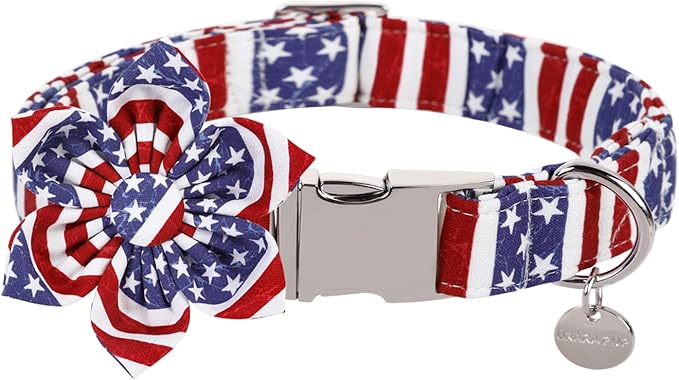 UP URARA PUP Dog Collar with Flower, 4th of July Comfortable Cotton Dog Collar, American Flag Collar for Small Girl Dog, Patriotic Flower Collar with Metal Buckle, S