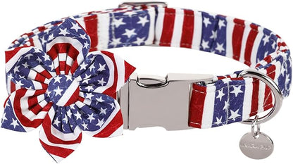 UP URARA PUP Dog Collar with Flower, 4th of July Comfortable Cotton Dog Collar, American Flag Collar for Small Girl Dog, Patriotic Flower Collar with Metal Buckle, S