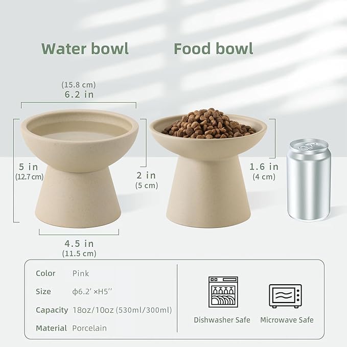 CEEFU 2 Elevated Cat Bowls Extra Wide for Food & Water – Whisker Fatigue, Ceramic Wide Shallow Food Dish, Lead & Cadmium Free, Raised Height for Cats, Pottery Clay (Not Glazed)