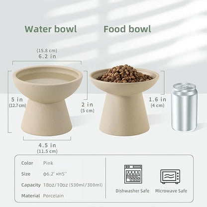 CEEFU 2 Elevated Cat Bowls Extra Wide for Food & Water – Whisker Fatigue, Ceramic Wide Shallow Food Dish, Lead & Cadmium Free, Raised Height for Cats, Pottery Clay (Not Glazed)
