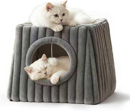 Indoor Cat House - Large Cat Bed Cave with Fluffy Balls and Scratch Pads, Foldable House and Apartment with Pads, Suitable for Multiple Cats (Deep Grey, Large)