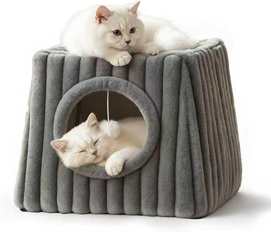 Indoor Cat House - Large Cat Bed Cave with Fluffy Balls and Scratch Pads, Foldable House and Apartment with Pads, Suitable for Multiple Cats (Deep Grey, Large)
