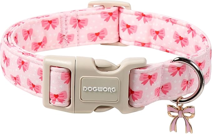 DOGWONG Cute Bowtie Printed Collar for Small Medium Large Dogs - Pink Dog Collar for Girl Female Dogs,XL
