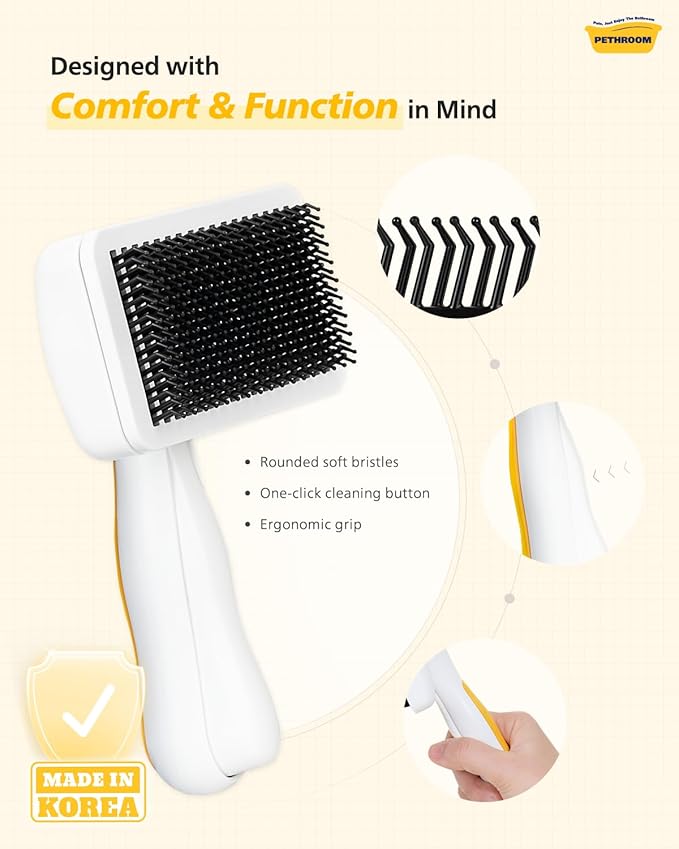 PETHROOM] Pet Healing Slicker Brush with One-Touch Clean Button | Gentle Grooming Brush for Dogs & Cats | Removes Shedding, Mats & Tangles with Coated Tips, White & Yellow