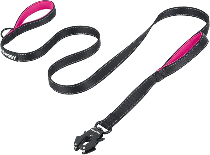 Strong Heavy Duty Dog Leash - 5ft Reflective Nylon Training Leash with Soft Padded Double Handle & Auto Lock Frog Clip - Safety Traffic Control for Large Medium Small Dogs No Pull Walk Black Pink,5ft
