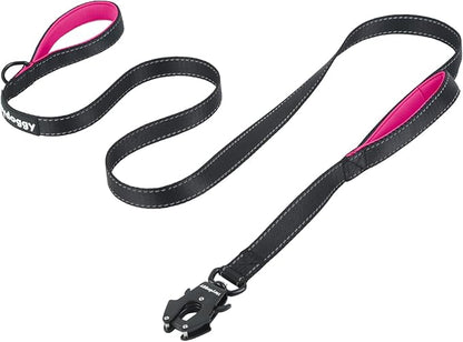 Strong Heavy Duty Dog Leash - 5ft Reflective Nylon Training Leash with Soft Padded Double Handle & Auto Lock Frog Clip - Safety Traffic Control for Large Medium Small Dogs No Pull Walk Black Pink,5ft