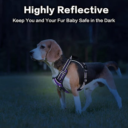 PoyPet No Pull Dog Harness, No Choke Front Clip Reflective Dog Vest with Soft Padded Vertical Handle, 3 Leash Attachments for Small Medium Large Dogs (Purple,L)
