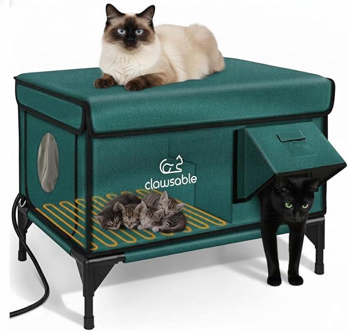 Indestructible Heated Cat House for Outside Winter, 100% Waterproof, Safe Escape Door, Insulated Outdoor Cat Shelter with Heater for Feral Barn Cat Kitty (Forest Green, 24"x15"x18")