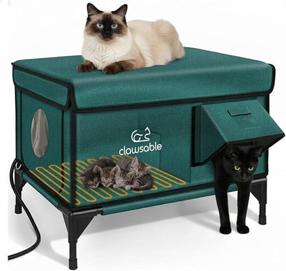 Indestructible Heated Cat House for Outside Winter, 100% Waterproof, Safe Escape Door, Insulated Outdoor Cat Shelter with Heater for Feral Barn Cat Kitty (Forest Green, 24"x15"x18")