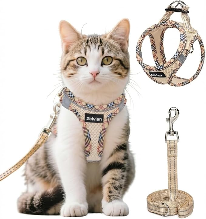Zelvian Cat Harness and Leash Set for Walking, Escape Proof Adjustable Soft Mesh Kitten Harness with Reflective Strips, Breathable No-Choke Pet Vest for Small Cats or Puppies(Beige,XXS)