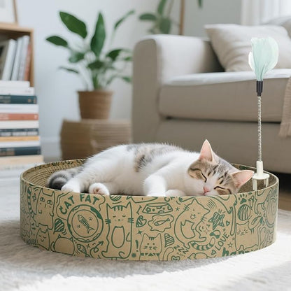 Cat Scratcher Cardboard 2in1 Oval Cat Scratcher Bed for Indoor Cats Cat Scratch Pad Bowl with Scratching Toy Corrugated Lounge Bed&Furniture Protector &Training Toy XL（Green）