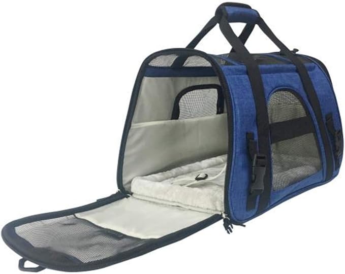 Airline Approved Pet Carrier, Tall Profile Soft Sided Luxury Travel Tote with Fleece Bedding, Premium Brand Auto Self Locking Zippers, Under Seat Compatibility, Perfect for Cats and Small (Deja Blue)