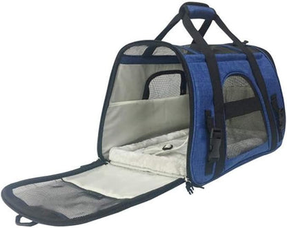 Airline Approved Pet Carrier, Tall Profile Soft Sided Luxury Travel Tote with Fleece Bedding, Premium Brand Auto Self Locking Zippers, Under Seat Compatibility, Perfect for Cats and Small (Deja Blue)