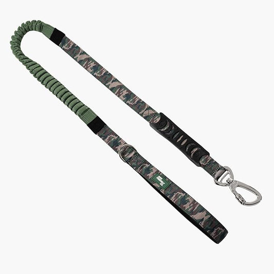 DF Co. Bungee Dog Leash | Strain Free & Shock Resistant for Control | Neoprene Padded Handle, Heavy-Duty Carabiner Clip, and D-Ring | Green Camo, Size Small