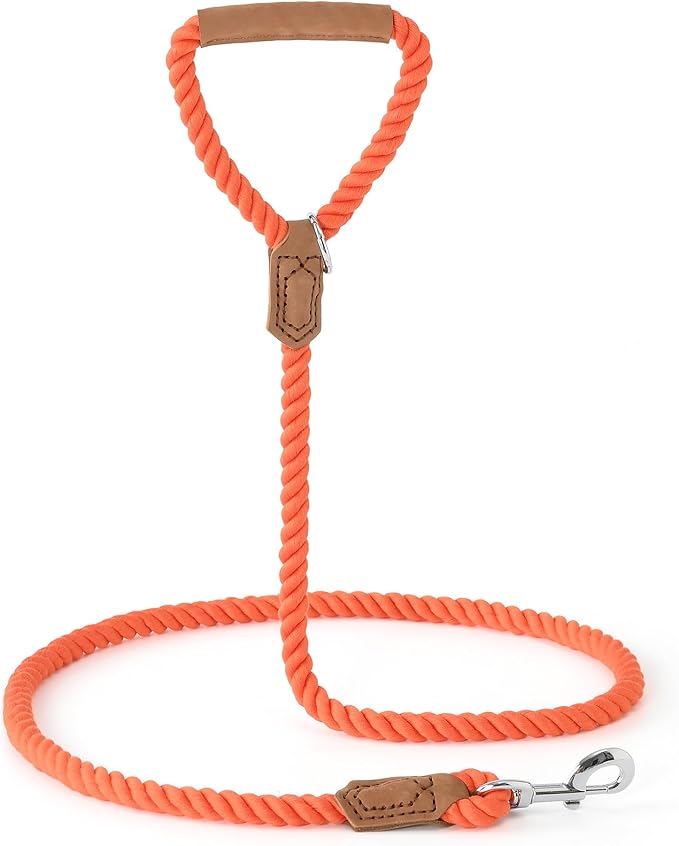 Mile High Life Dog Leash, Braided Cotton Rope Leashes with Leather Handle - Heavy Duty Metal Clasp, 5FT, 1/2" Thick - Wedding, Walking & Training Leash for Small Medium Large Dogs (Orangeade)