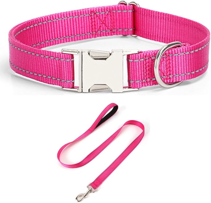 Reflective Dog Collar and Leash Set with Metal Buckle, Soft Sturdy Nylon Dog Collars with Quick Release Buckle, Adjustable Pet Collars with with ID Tag Ring for Small Medium Large Dogs