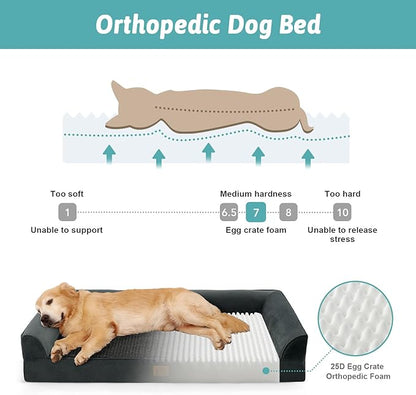 COZY KISS Orthopedic Dog Beds for Large Sized Dog, XL Bolster Pet Couch with Waterproof Lining, Egg Crate Foam Sofa for Pets Up to 100 lbs, U-Shaped, 44x32x7 inch, Black