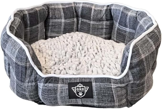 One for Pets Snuggle Pet Bed,Dog Bed, Cat Bed, Removable Washable Octagon Cuddle Bed,Anti Anxiety (Check Pattern, Large (30 Inch))