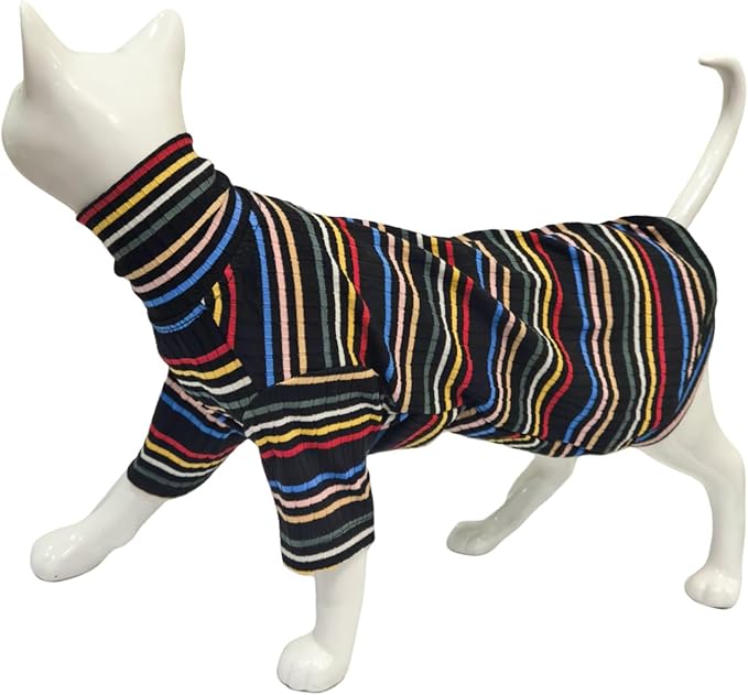 Turtle Neck Vintage Stripes Sphynx Hairless Cat Cotton T-Shirts Pet Clothes Vest Kitten Shirts Sleeveless, Cats & Small Dogs Apparel (Dark Rainbow, L (7-8.8 lbs))