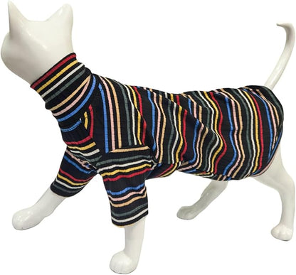 Turtle Neck Vintage Stripes Sphynx Hairless Cat Cotton T-Shirts Pet Clothes Vest Kitten Shirts Sleeveless, Cats & Small Dogs Apparel (Dark Rainbow, L (7-8.8 lbs))