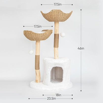 PISARRY Cat Tree Tower, 46 inch Modern Cat Tree for Indoor Cats Large Adult, Luxury Cat Condo with Scratching Post, Real Solid Wood Branch Indoor Boho Furniture, Climbing Tower, White