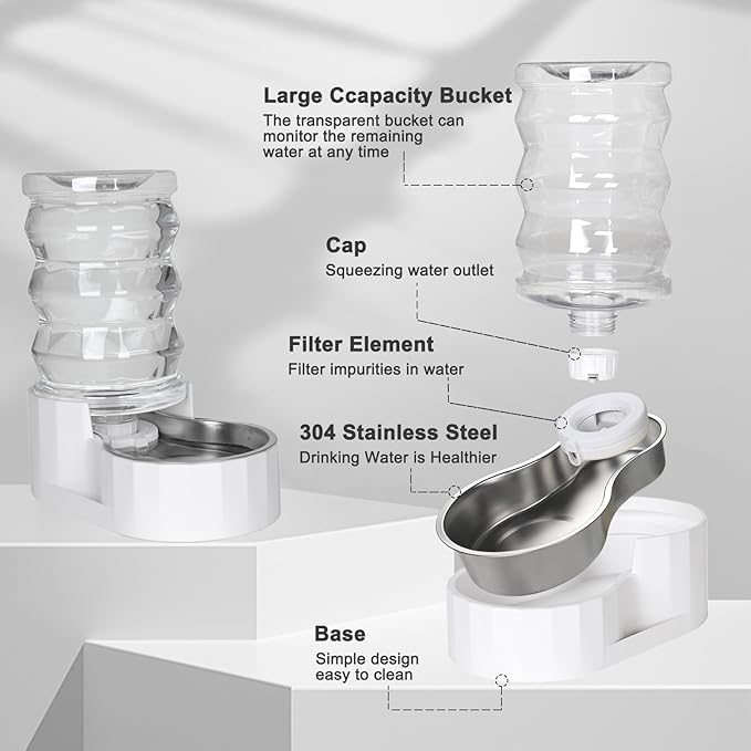 RIZZARI Automatic Gravity Pet Dispenser: 6.5L Large Capacity -No Power Needed -Stainless Steel with Triple Filter & Brush for Medium Dogs -Multiple Pets - Busy Pet Owners - Living Room -Kennel