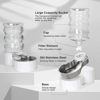 RIZZARI Automatic Gravity Pet Dispenser: 6.5L Large Capacity -No Power Needed -Stainless Steel with Triple Filter & Brush for Medium Dogs -Multiple Pets - Busy Pet Owners - Living Room -Kennel