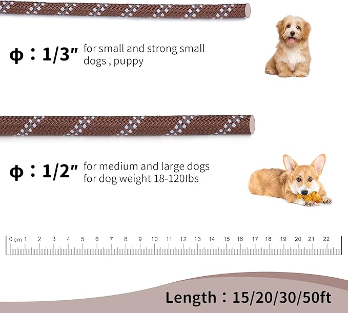 Long Dog Leash for Training 15Ft-Reflective Nylon Rope with Swivel Hook-Recall Agility Lead for Large Small Medium Dogs Outside Walking Hiking-Brown