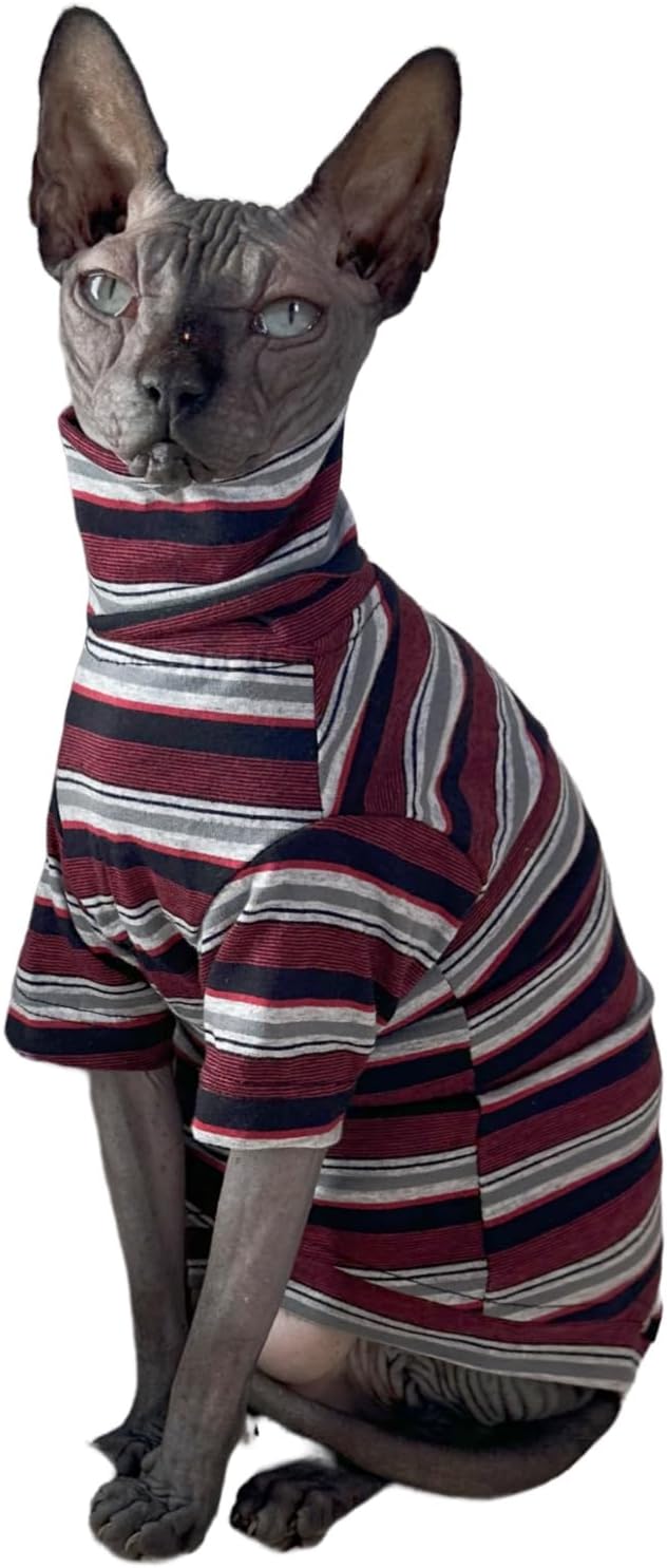 Vintage Stripes Sphynx Hairless Cats Shirt Cotton Cat Turtleneck Pet Clothes Kitten T-Shirts with Sleeves for Sphynx Cats (Old School, X-Large)