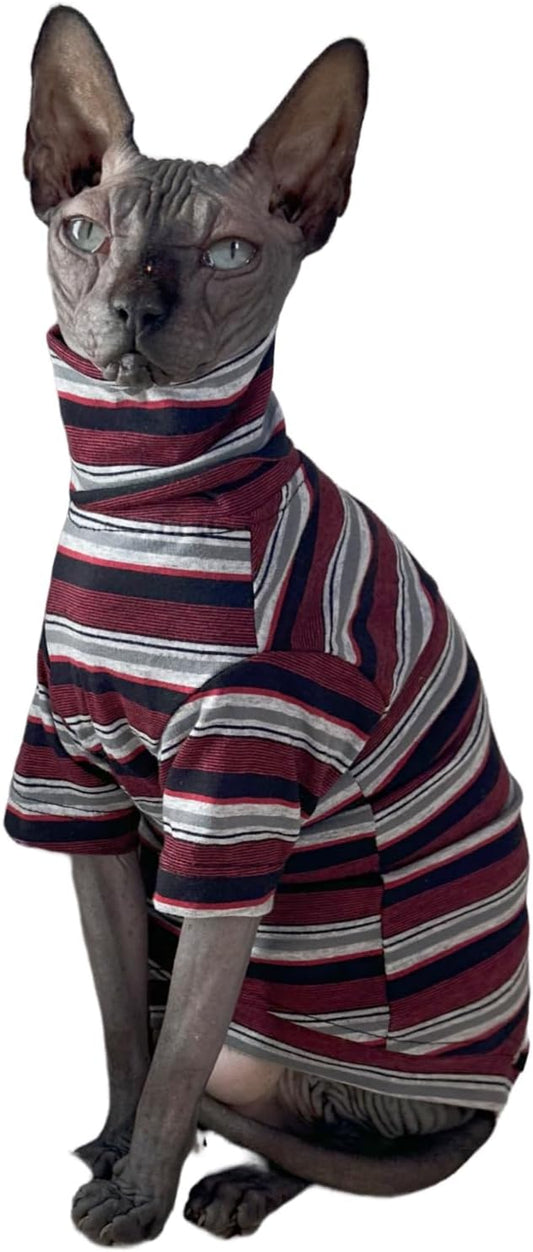 Vintage Stripes Sphynx Hairless Cats Shirt Cotton Cat Turtleneck Pet Clothes Kitten T-Shirts with Sleeves for Sphynx Cats (Old School, Medium)