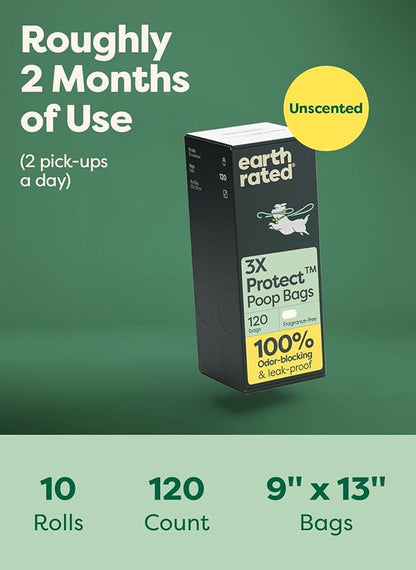Earth Rated 3X Protect Dog Poop Bag Rolls, Odor Blocking Leak Proof Extra Thick, Unscented, 120 Count