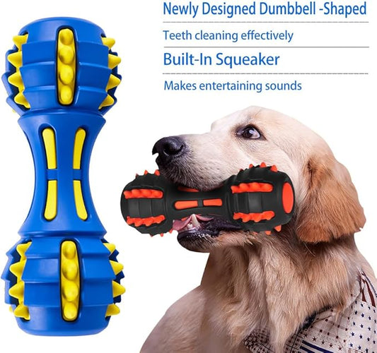 AUSCAT Teething Dog Toys, Durable Squeaky Dog Toys, Rubber Chew Toys for Dogs, Dumbbell Shape, Blue and Black