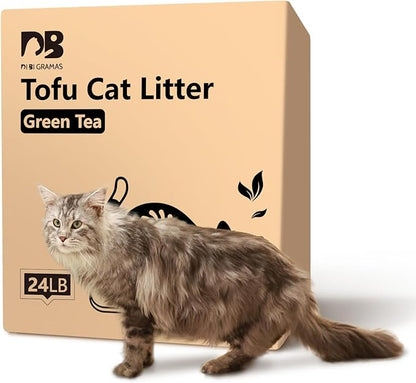 DI BI GRAMAS Cat Litter 24LB/4 Packs Dust-Free Clumping Tofu Cat Litter Quickly Absorb Odors Toilet Can Flush Into The Toilet Pure Natural tofu cat Litter (Green Tea)
