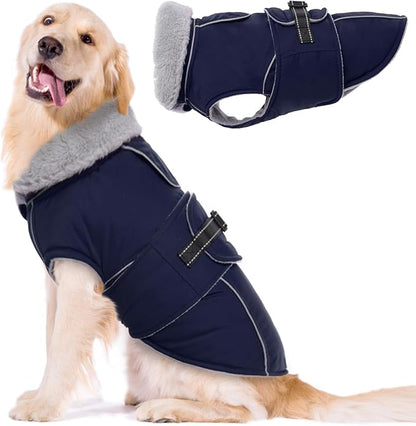Lelepet Warm Dog Coat Waterproof Dog Jacket for Large Dogs Reflective Fleece Vest with Adjustable Buckle Hook & Loop Windproof Cold Weather Coats for Small Medium Large Dogs, Navy Blue, XXL