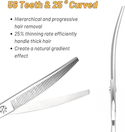 7.5in Curved Thinner Dog Grooming Scissors, 56 Teeth Professional Dog Cutting Scissors, 25 Degree Bend High-end Shears for Pet Groomers or Family Use, with Symmetric Handle, Thinning Rate 25%, Silver