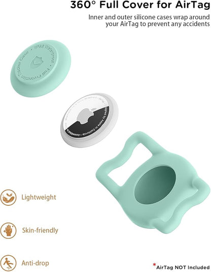 WhoseID IP68 Waterpoof Dog Airtag Holder, Stretchy Silicone Full Body Covered Apple Air Tag Holder for Dog Cat Collar Fit All Width Collar (Green/Pink, 2 Pack)