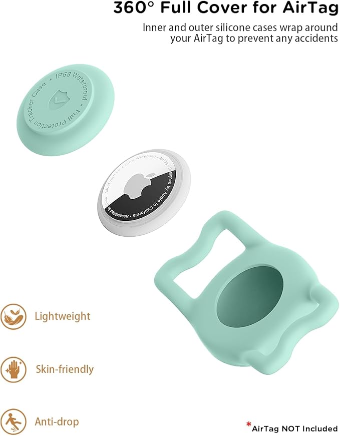 WhoseID IP68 Waterpoof Dog Airtag Holder, Stretchy Silicone Full Body Covered Apple Air Tag Holder for Dog Cat Collar Fit All Width Collar (Black/Green/Blue/Pink, 4 Pack)