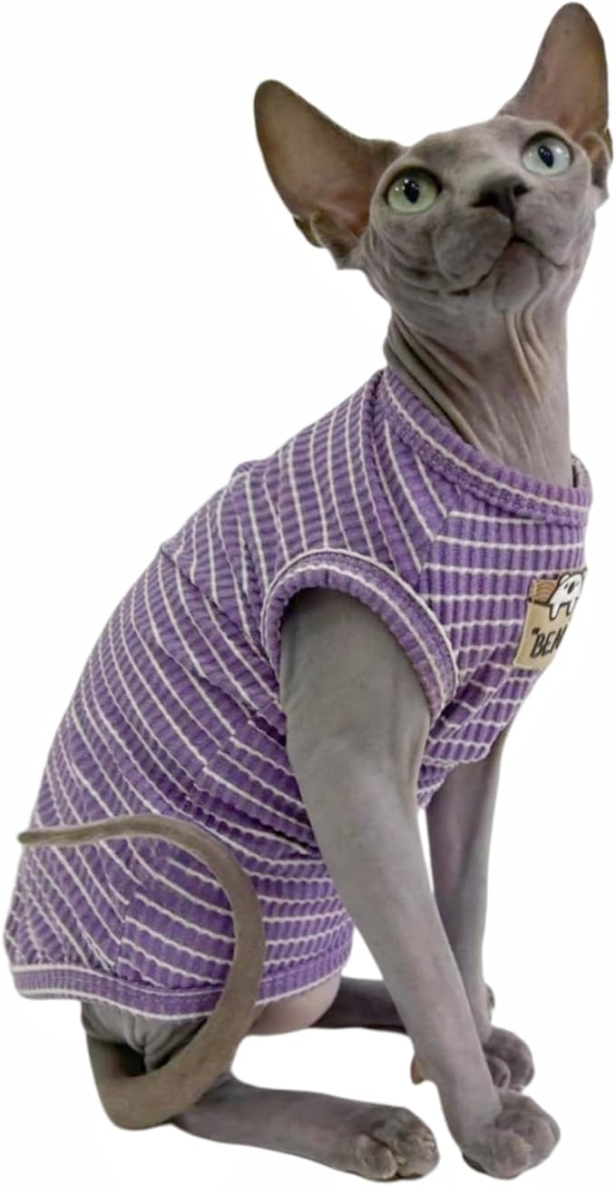 Sphynx Cat Clothes Vest for Hairless Cat, Rib Knit Stripe Cats T-Shirt Apparel, Kitten Summer Cotton Shirts Sleeveless for Cornish Rex, Devon Rex, Peterbald (Purple, S (3.5-5 lbs))