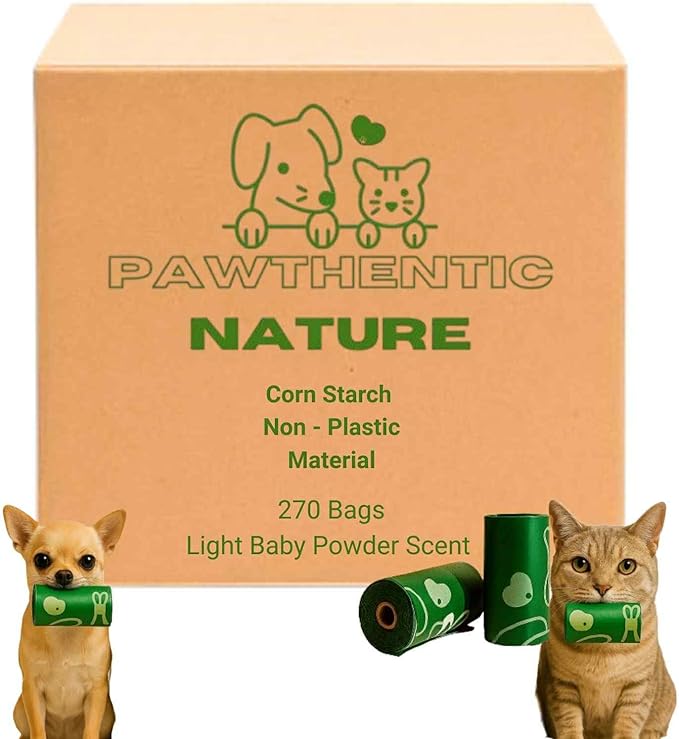 Dog Poop Bags – 270 Count Value Pack, Extra-Thick 18 Micron, Leak-Proof, Plant-Based Material, Light Baby Powder Scent for Dogs & Cats – Pawthentic Nature