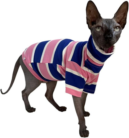 Vintage Stripes Sphynx Hairless Cats Shirt Cotton Cat Turtleneck Pet Clothes Kitten T-Shirts with Sleeves for Sphynx Cats (Wide Pink Blue Stripe, Large)