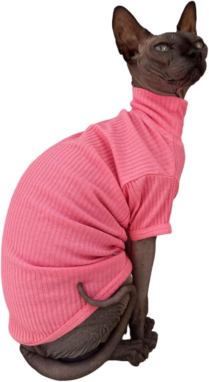 Sphynx Hairless Cats Shirt Cotton Cat Turtleneck Sweater Pullover Kitten T-Shirts with Sleeves Cat Pajamas Jumpsuit for Sphynx Cornish Rex, Devon Rex, Peterbald (X-Large (Pack of 1), Rosey Pink)