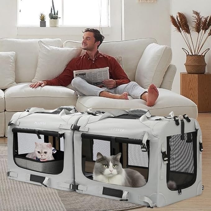 Petseek Extra Large Cat Carrier Soft Sided, Portable Small Dog Carrier for 2 Cats, 24"x16.5"x16" Car Travel Folding Comfortable Design with Litter Box and Bowls, Grey-2+ Litter Box+ Bowl*2