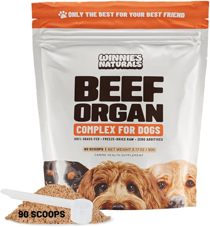 Winnies Naturals Beef Organ Complex Supplement for Dogs, Grass Fed Beef Organs Meal Topper, Dog Multivitamin, Dog Joint Health Supplement Support, Raw Food Supplement for Dogs, 90 Servings
