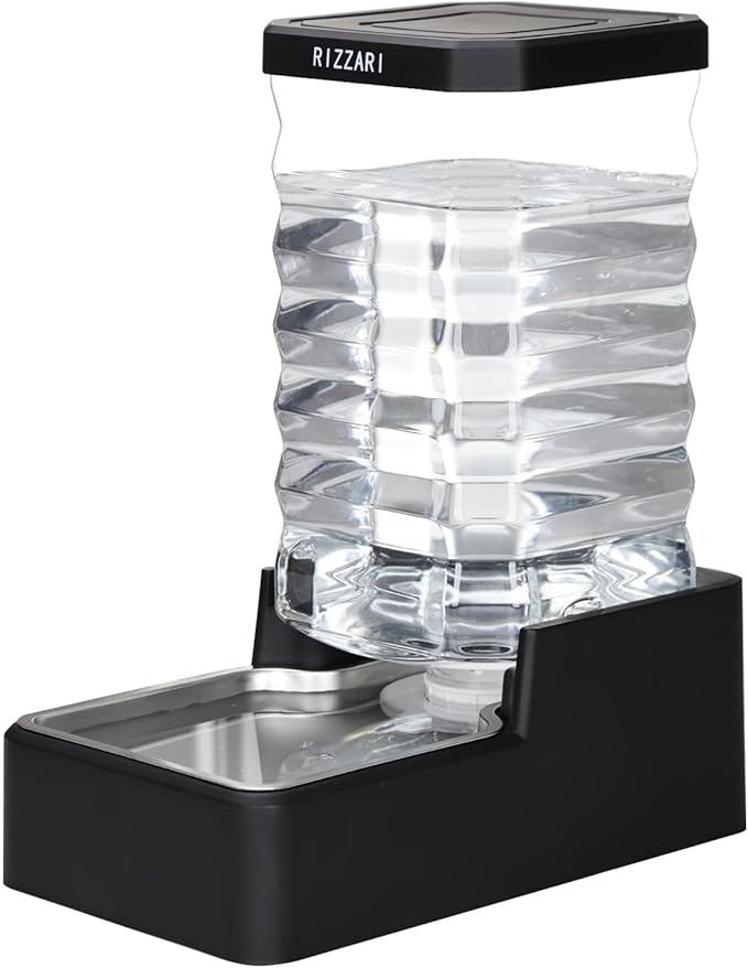 RIZZARI Stainless Steel Pet Waterer: 9L Black Gravity Fed Water Dispenser Leak-Proof for Senior Dogs Joint Care Home Owners - with Filter - Bedroom Garden Use