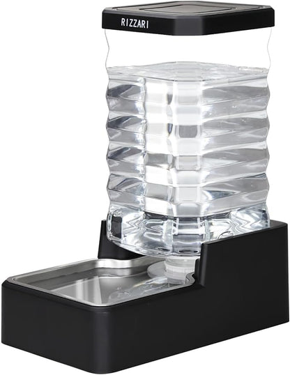 RIZZARI Stainless Steel Pet Waterer: 9L Black Gravity Fed Water Dispenser Leak-Proof for Senior Dogs Joint Care Home Owners - with Filter - Bedroom Garden Use