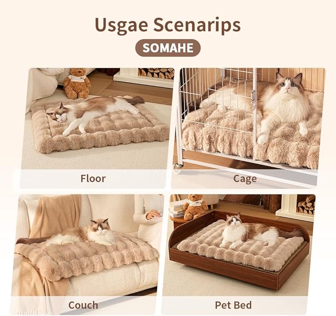 SOMAHE Self-Warming Cat Bed, Plush Faux Fur Pet Bed Mat with Anti-Slip Bottom, Ultra Soft Heated Bed for Cats & Medium Dogs, Cozy Fluffy Pad for Couch & Crate, Machine Washable, 27x20 Inch Coffee