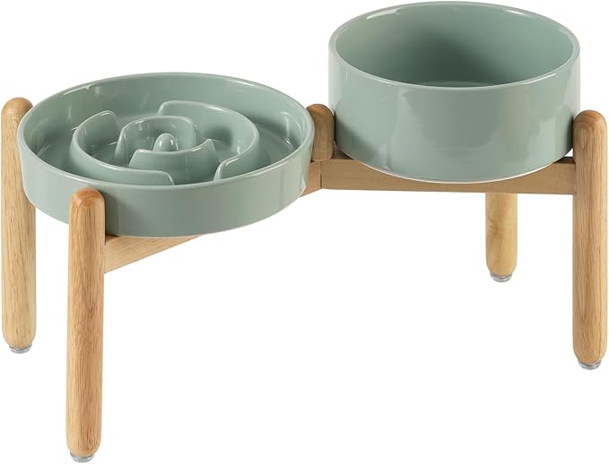 Ceramic 1.2 Cup Raised Slow Feeder Dog Bowl Set, Elevated 6.1inch Bowl and 7.3inch Puzzle Slow Food Dish with Wooden Stand for Medium and Small Dog, Anti-Gulping (2 x Light Green+ Stand)